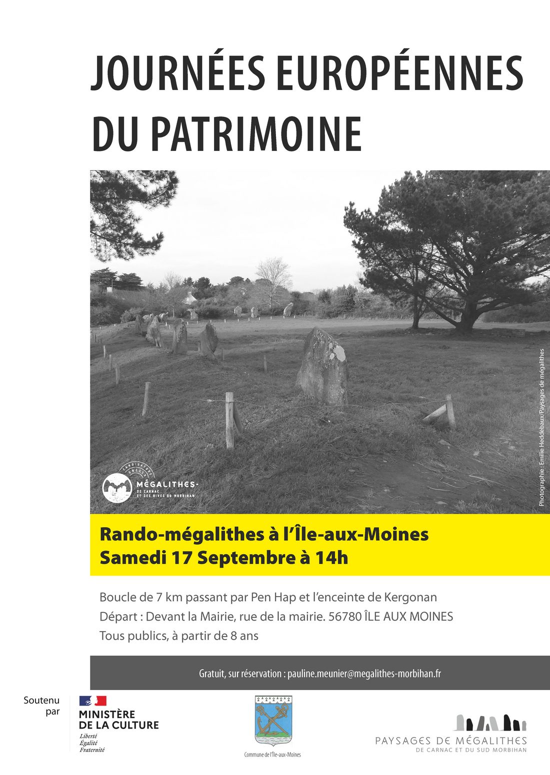 Une première randonnée le 17 septembre après-midi vous propose de découvrir le dolmen de Penhap et l'enceinte de Kergonan à l'Île-aux-Moines.